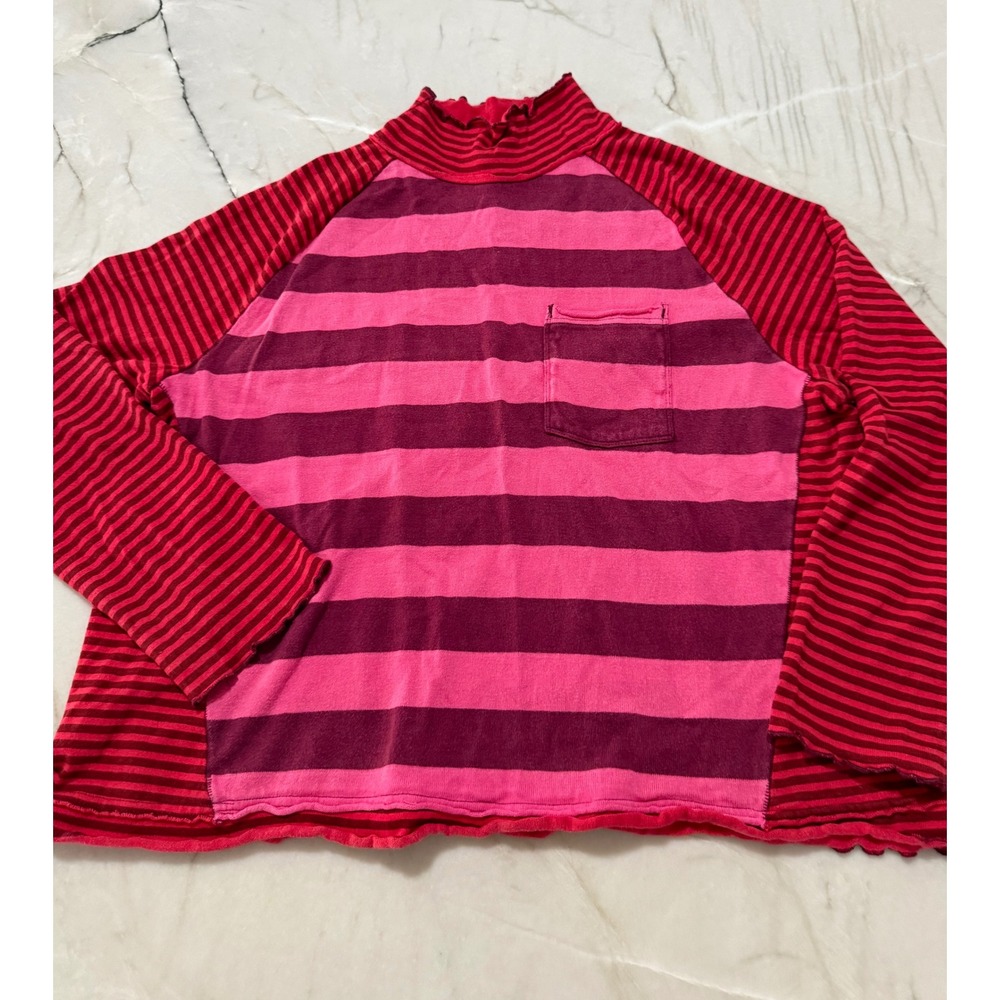 We The Free Free People Punk Playful Pink Red Striped Mock Neck T-Shirt Large